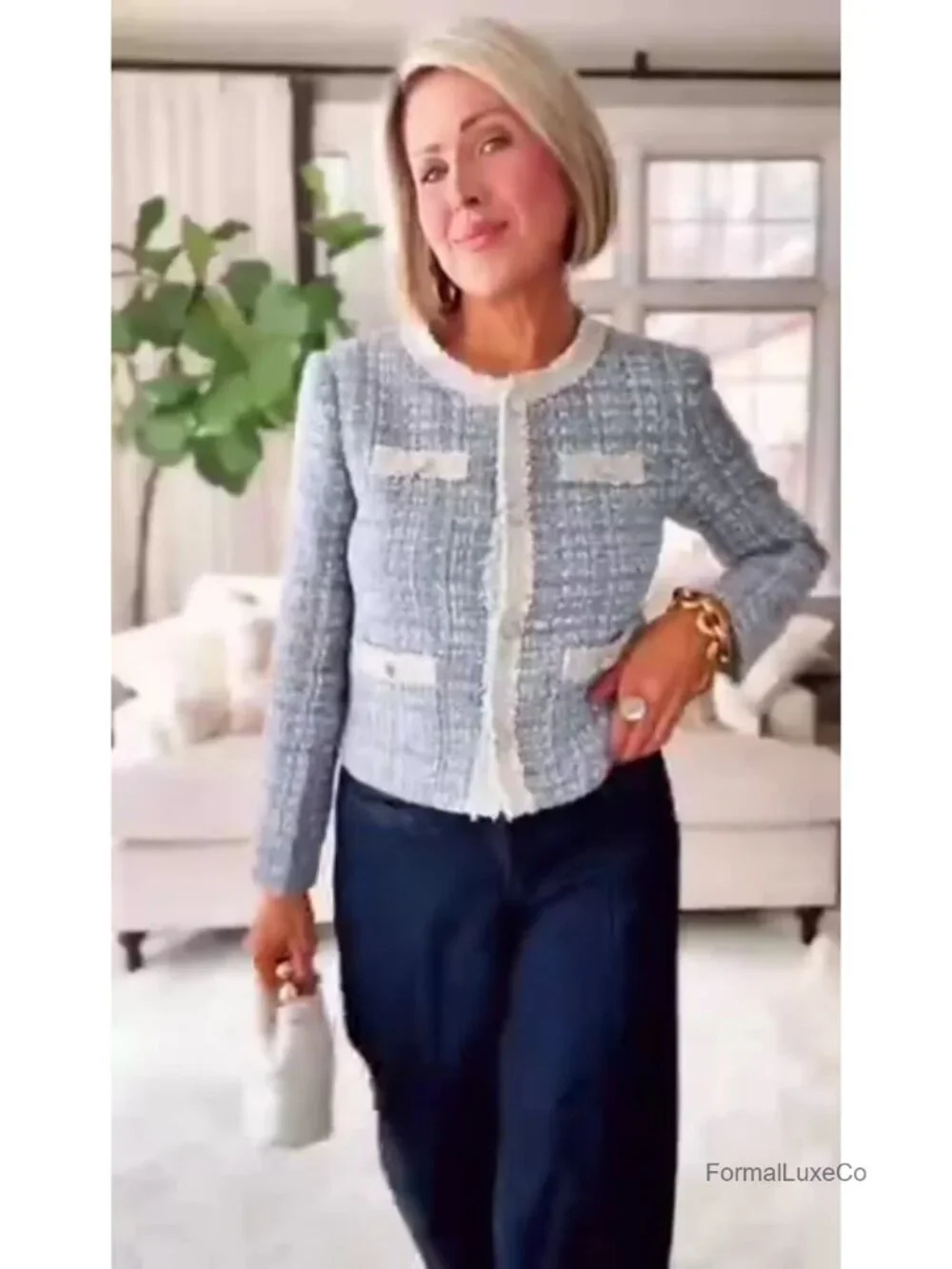 Cropped Tweed Blazer Long Sleeve Crewneck Open Front Lace Trim Lightweight